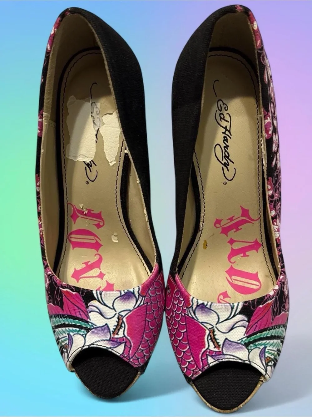 RARE Vintage Y2K Ed Hardy Black and Pink Wedges with Floral and Fish Print